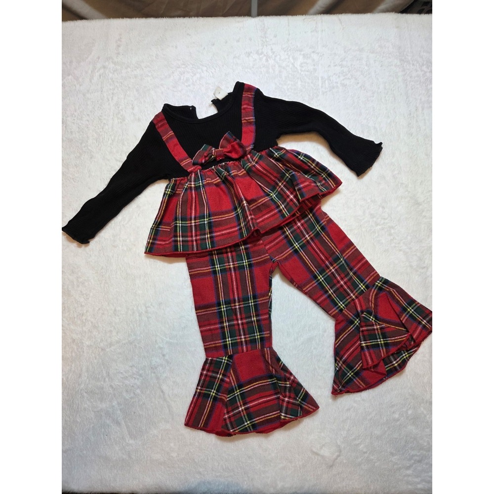 M343 SHEIN Girls 18m 2 Pc Red Plaid Outfit Black Ribbed Top Skirt Bow
